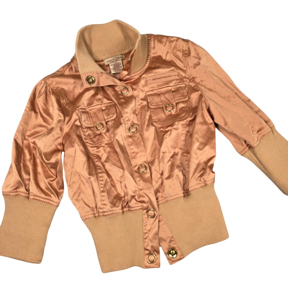 Vintage Paris Blue Bomber Jacket Copper Satin Y2K Cropped Utility McBling Medium